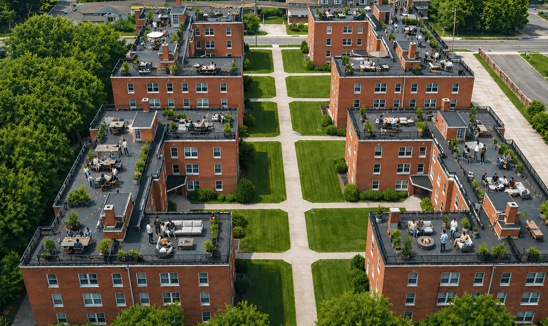 Aerial view of a large apartment complex featuring multiple buildings and green spaces surrounding them.