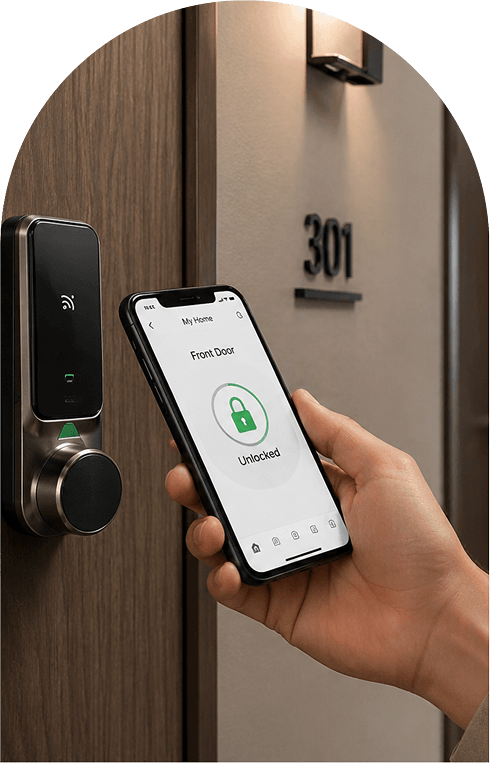 Smart lock connected to a phone, with the door visibly open, indicating successful unlocking.