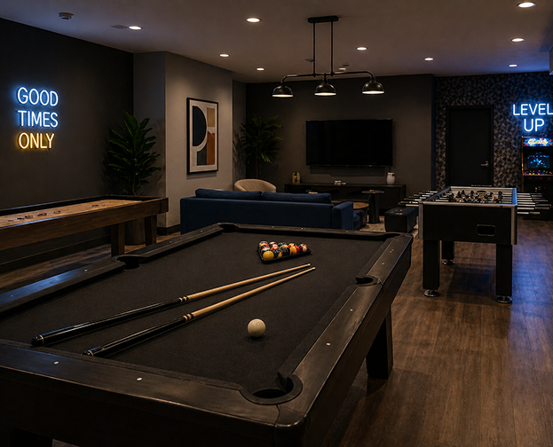 A green felt pool table in a well-lit game room, surrounded by cues and balls ready for play.