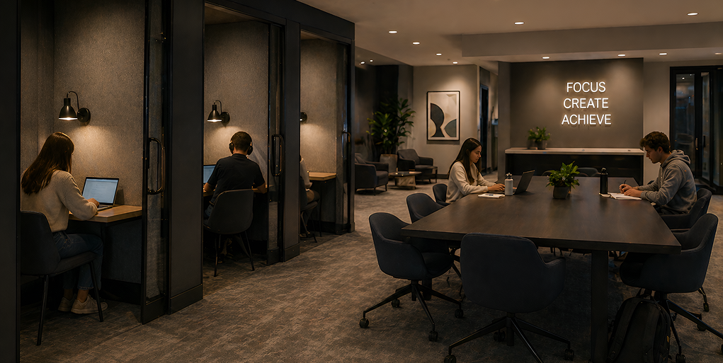 Office scene with people at desks, featuring a sign that reads "foggy minds" in a collaborative workspace.