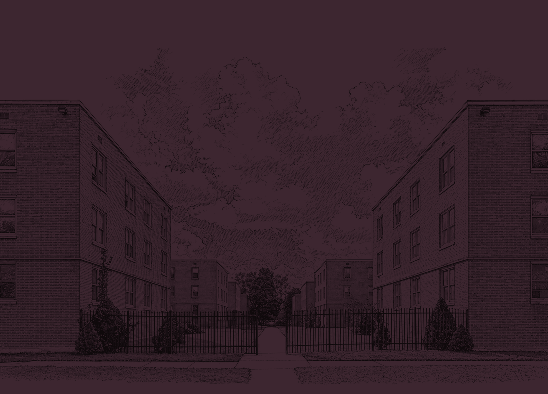 Drawing of a building with a fence in front, showcasing architectural details and surrounding elements.